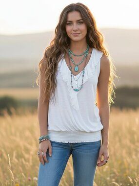 INC Top M White Knit Ruffle V Neck Sleeveless Tank Elastic Waist Y2K Coquette